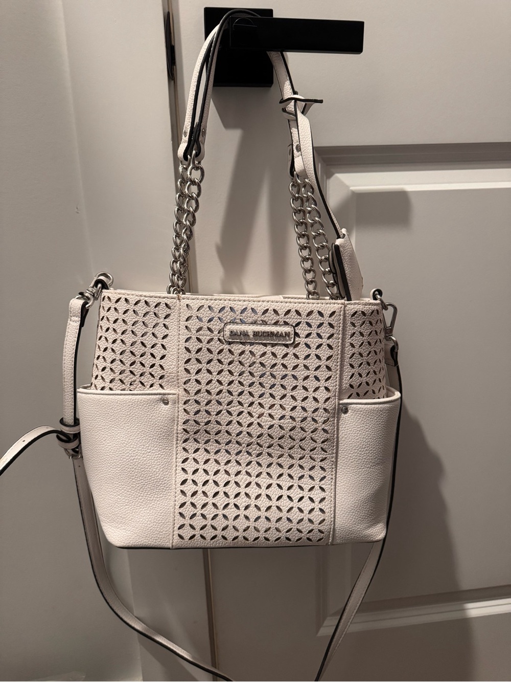 Dana Buchman Cream Laser-Cut Leather Shoulder Bag with Chain Straps